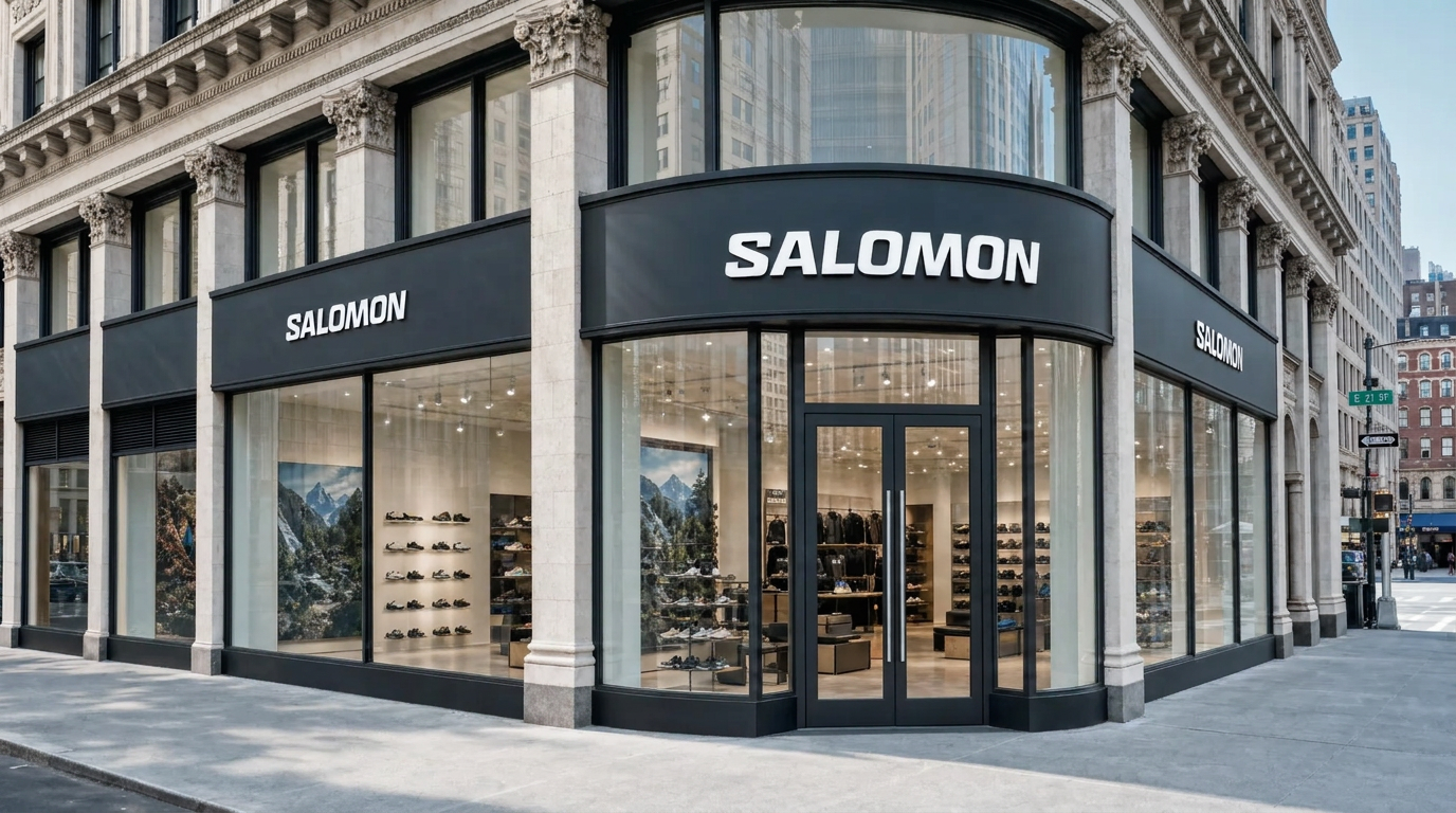 Salomon retail storefront with black steel framing and large glass bays on a corner building