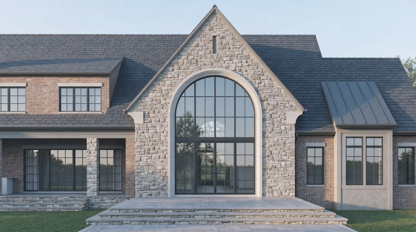 Rear elevation of a stone residence with a large arched steel window and slim black steel casements in cool daylight