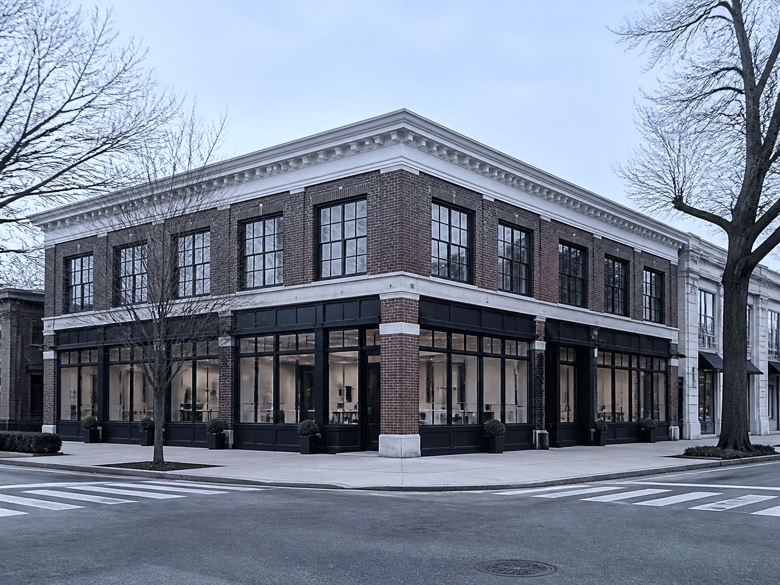 Brick commercial building with black steel shopfront windows on a Greenwich avenue