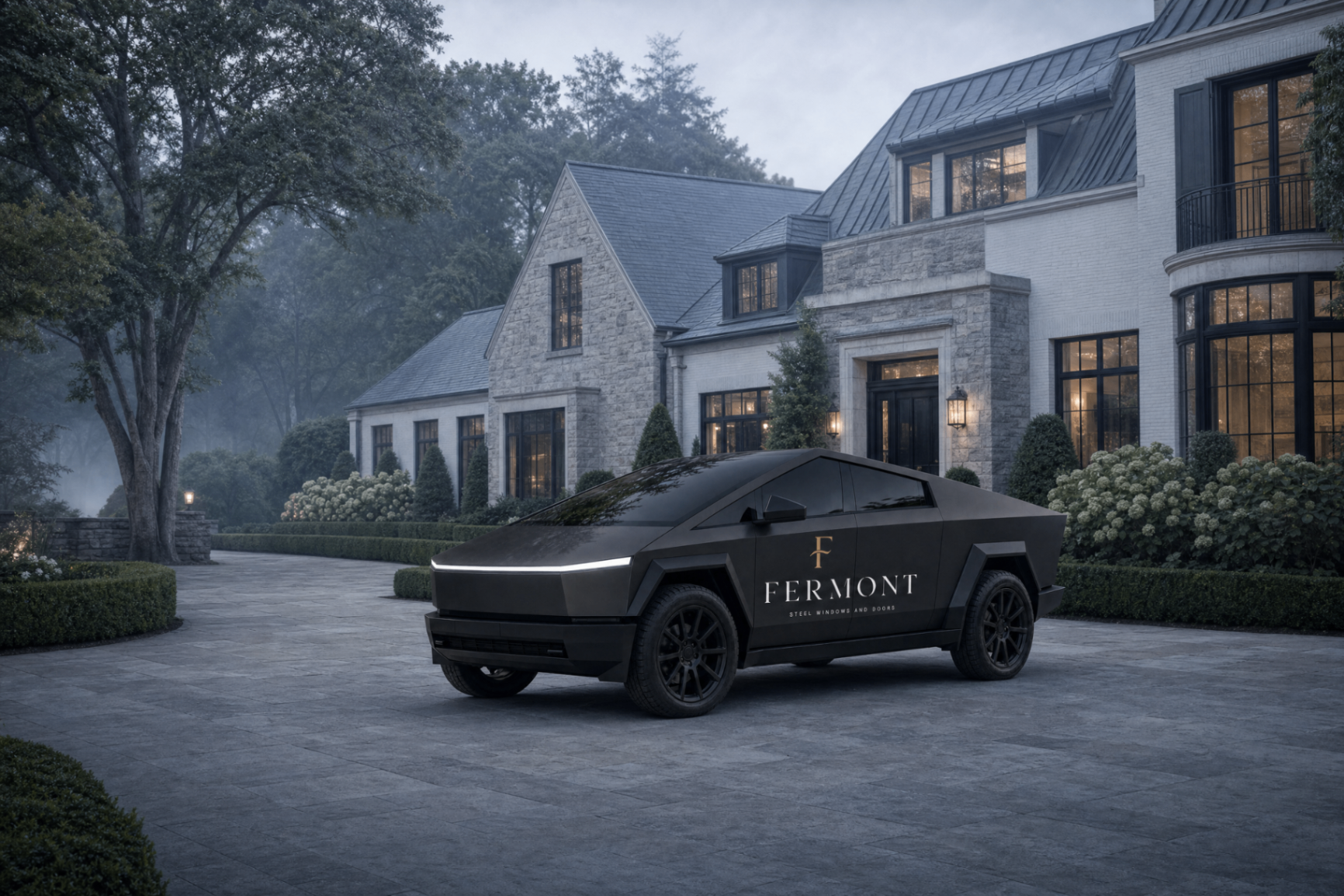 FERMONT service vehicle in the forecourt of a stone estate with black steel windows at dusk