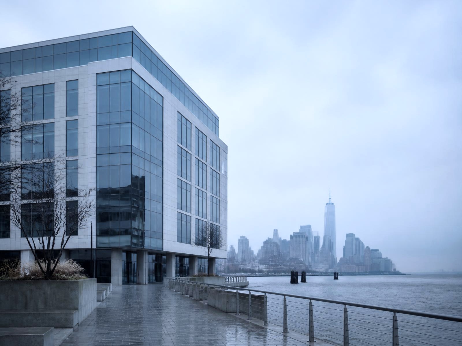Glass and stone riverfront office building in Hoboken with the Manhattan skyline beyond