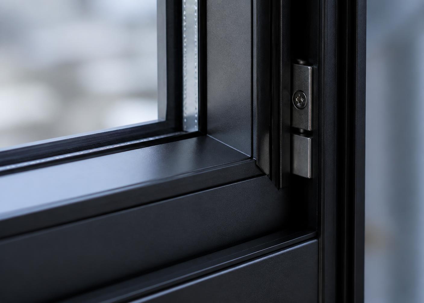 Close detail of a slim black steel profile, glazing bead and precision corner joint