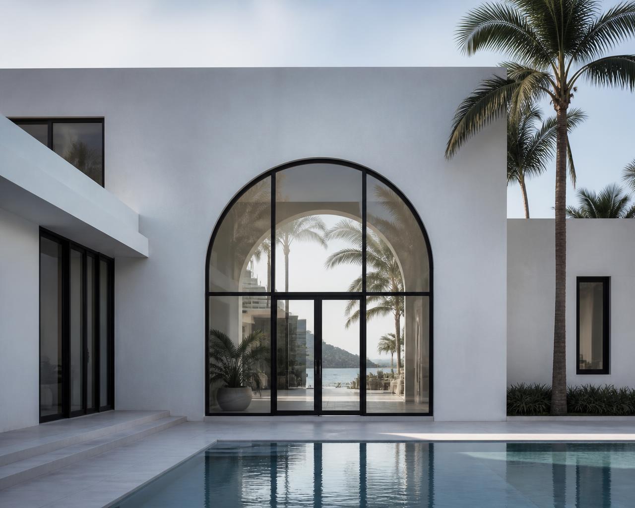 Contemporary Miami residence with a large arched steel window and door opening to a pool terrace