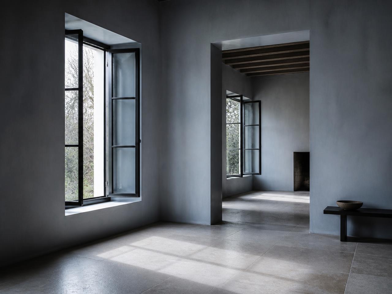 Slim steel window system framing a courtyard elevation in low daylight
